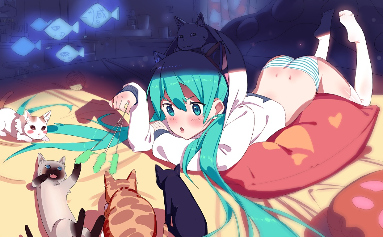 animal, aqua_eyes, aqua_hair, bed, blush, cat, hatsune_miku, hood, long_hair, panties, sparrow_(xici9527), striped_panties, thighhighs, twintails, underwear, vocaloid