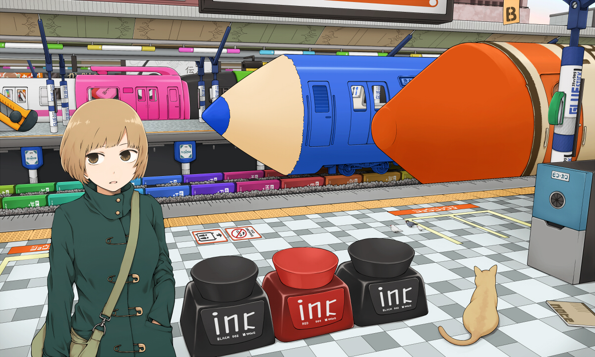 aliasing, animal, blonde_hair, brown_eyes, cat, original, short_hair, train