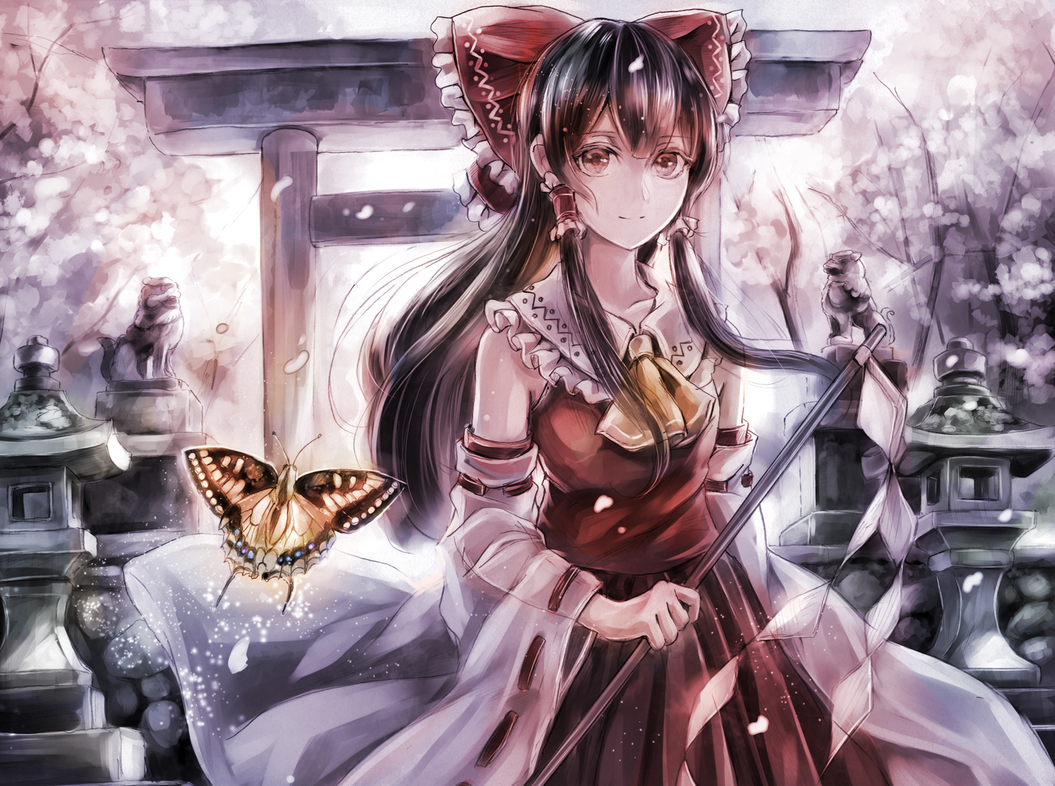 brown_hair, butterfly, hakurei_reimu, jan_(lightdragoon), japanese_clothes, long_hair, miko, torii