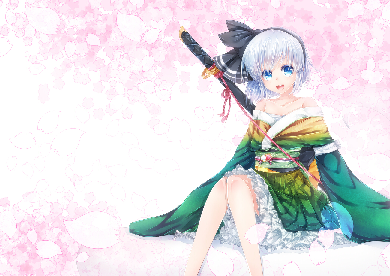 aqua_eyes, cherry_blossoms, flowers, headband, japanese_clothes, katana, konpaku_youmu, lolita_fashion, petals, short_hair, siyusiyu13, sword, touhou, weapon, white_hair, yukata