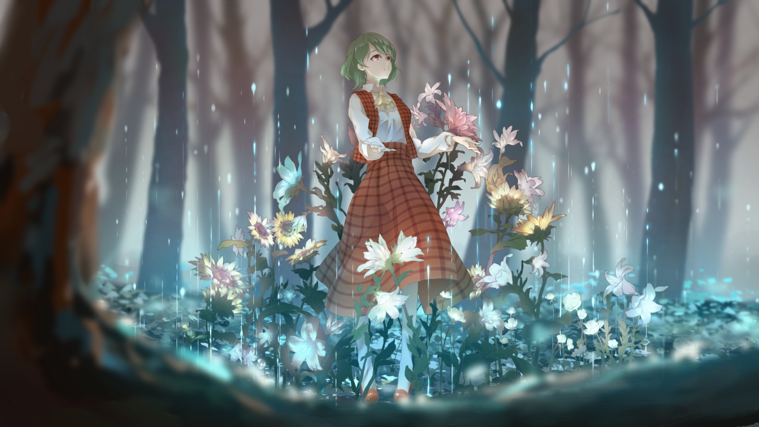 aliasing, dc_(12696462), flowers, forest, green_hair, kazami_yuuka, rain, red_eyes