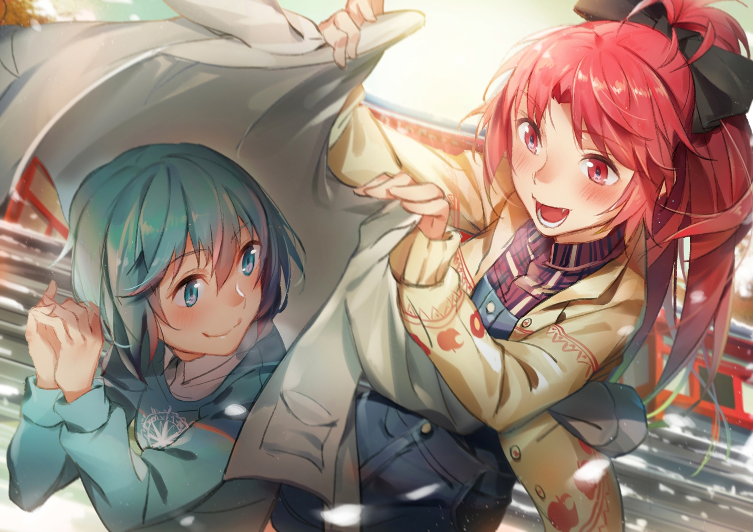 2girls, blush, bow, fang, long_hair, mahou_shoujo_madoka_magica, miki_sayaka, pg_(pgouwoderen)
