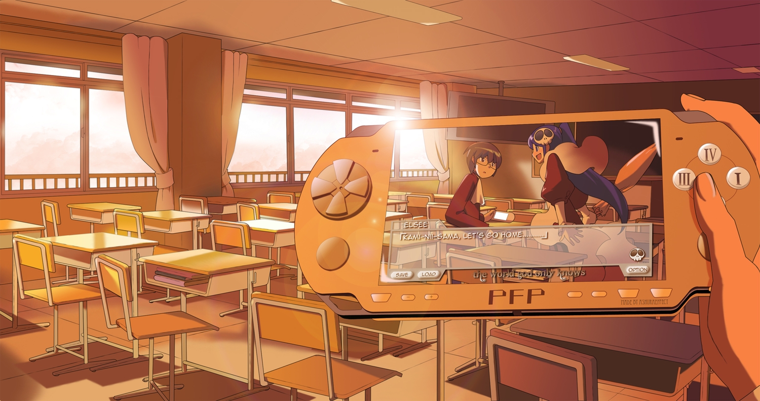 elsee_de_ruth_ima, game_console, kami_nomi_zo_shiru_sekai, katsuragi_keima, male, sunset, wakaki_tamiki