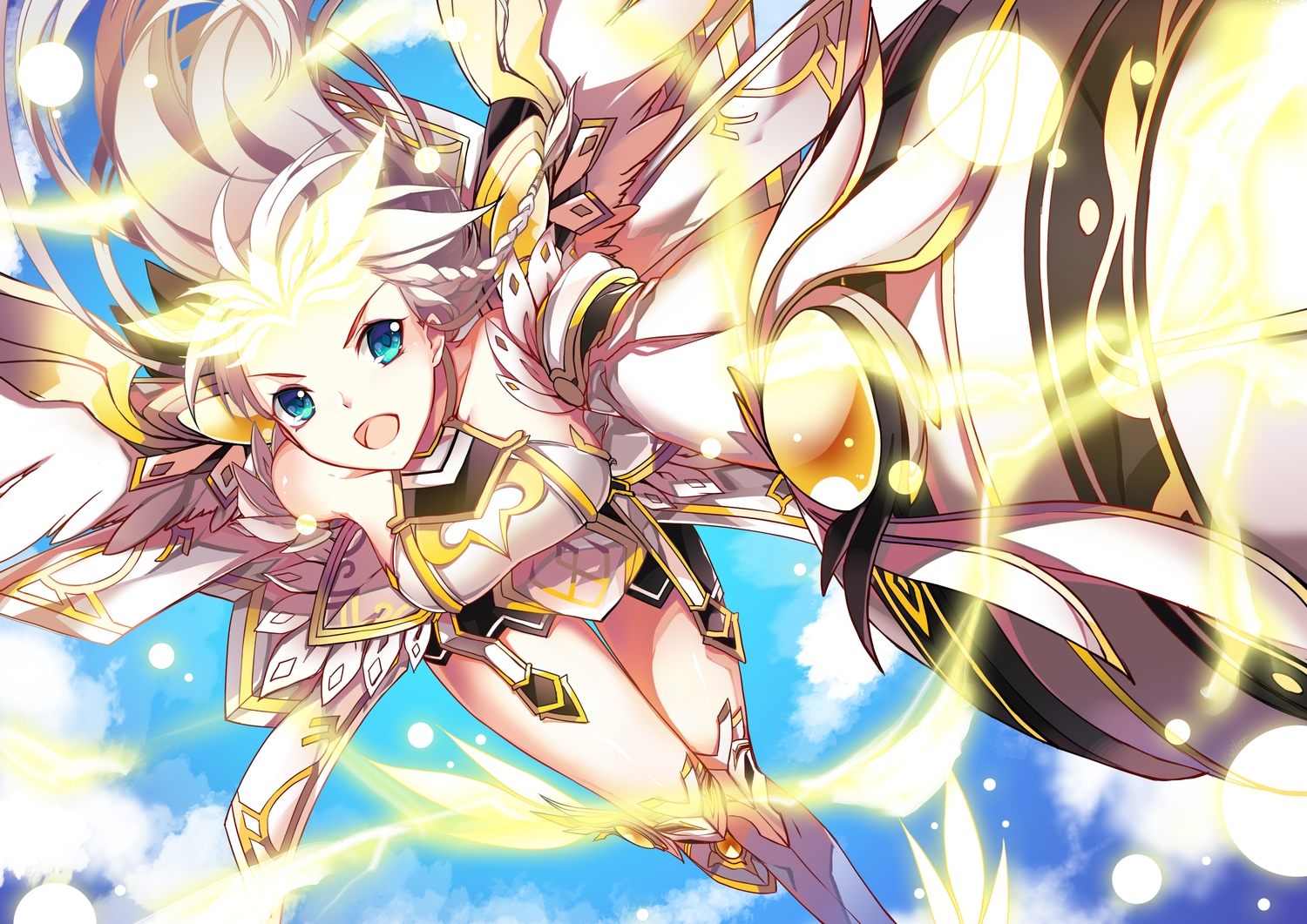 aqua_eyes, blonde_hair, elsword, vilor, weapon, wings