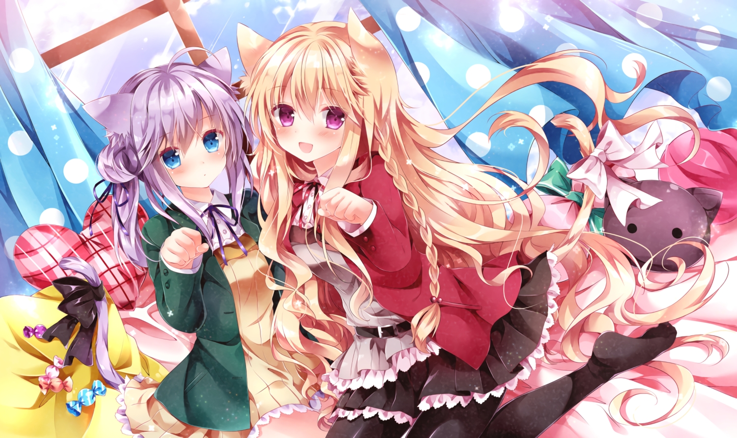 2girls, animal_ears, aqua_eyes, blonde_hair, bow, braids, candy, catgirl