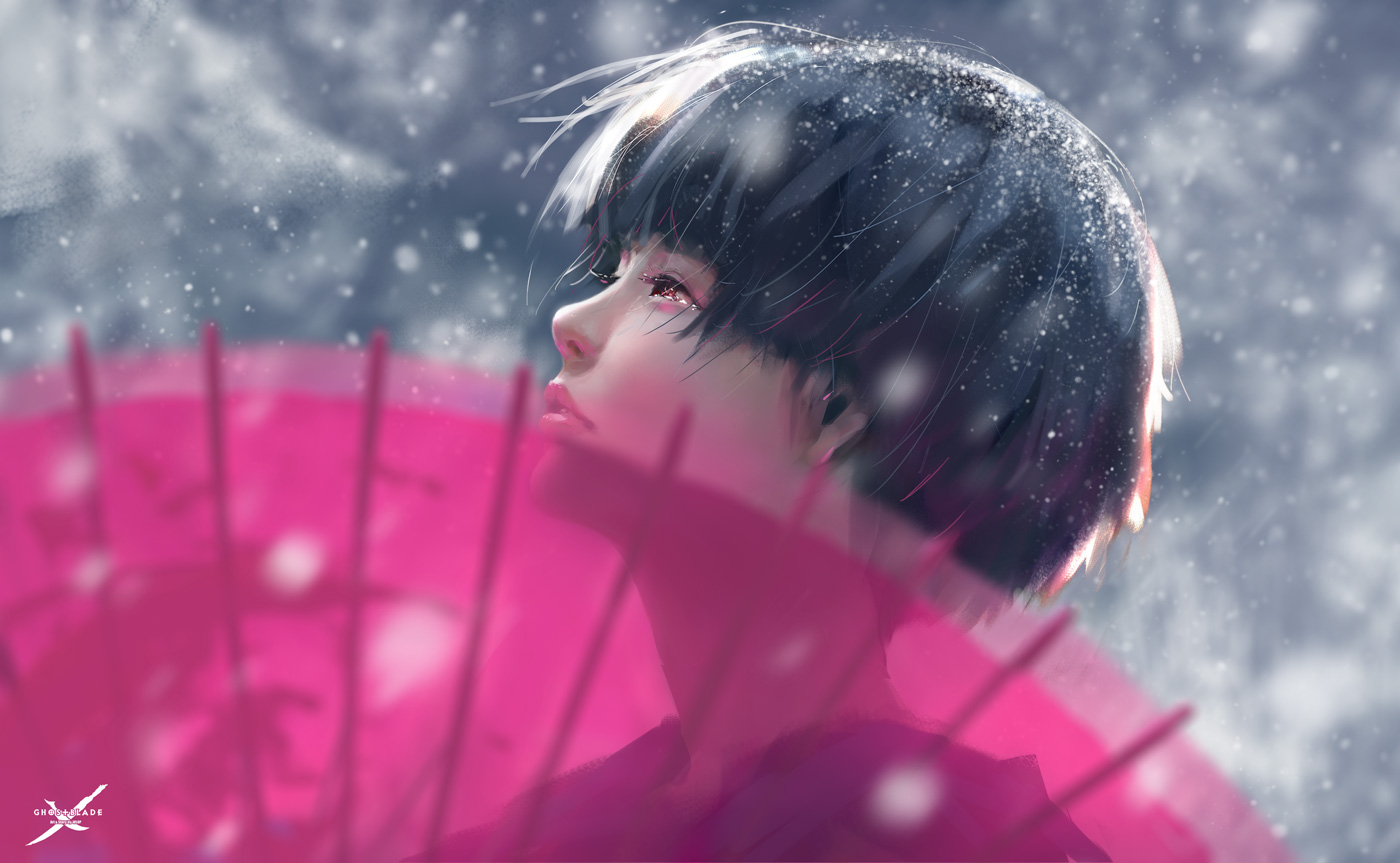 black_hair, ghostblade, jade_(ghostblade), logo, realistic, red_eyes, short_hair, snow