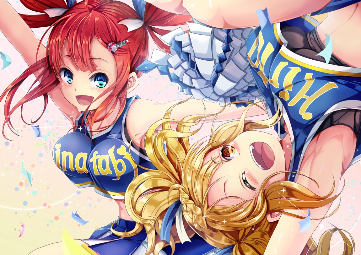 2girls, blonde_hair, blue_eyes, blush, breasts, cheerleader, hinabita, hopper, izumi_ibuki, meu_meu, red_hair, wink, yellow_eyes