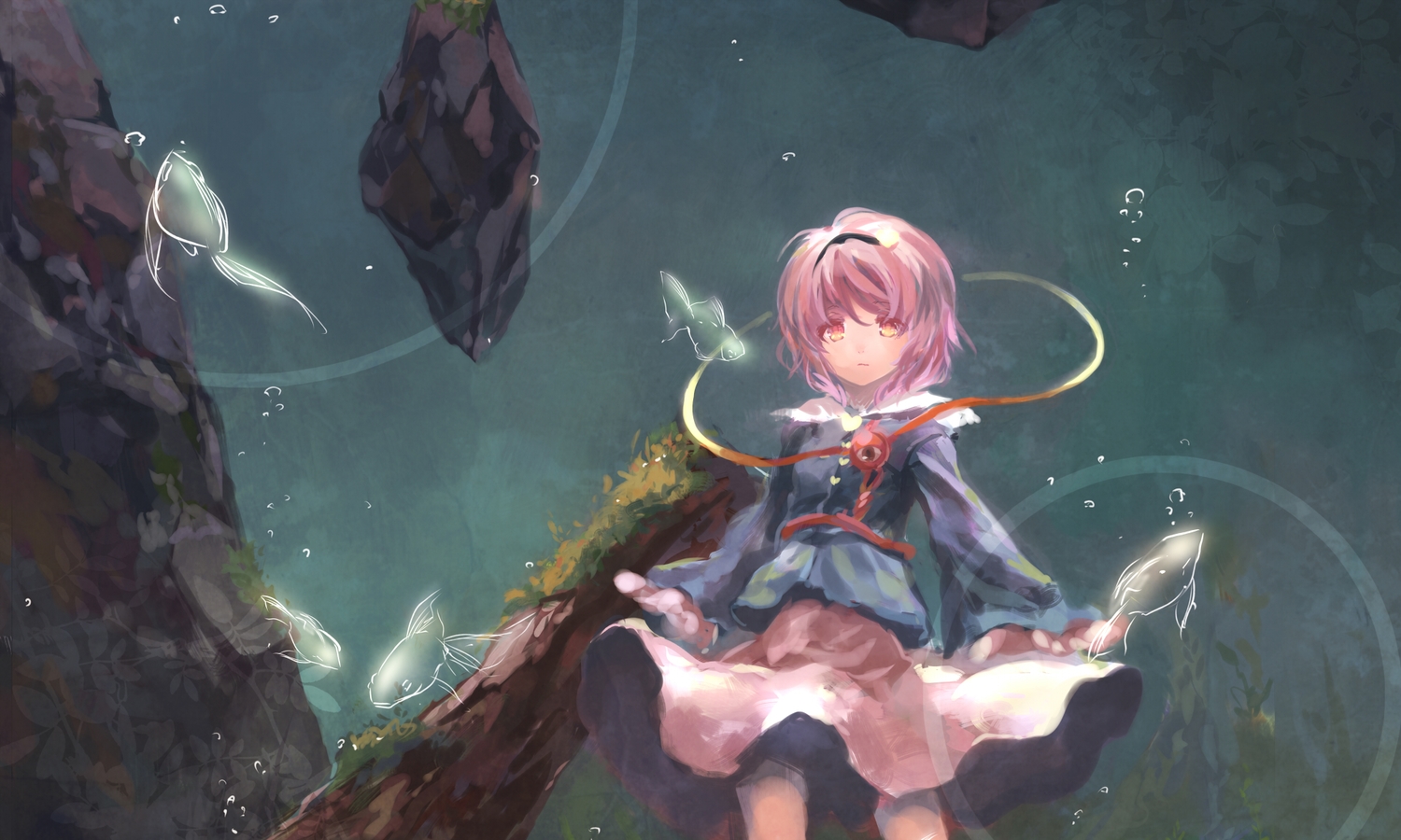 animal, bubbles, dqn_(dqnww), fish, komeiji_satori, pink_hair, short_hair, skirt, touhou, underwater, water