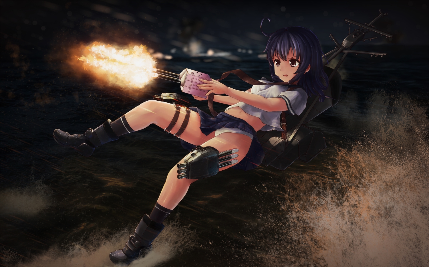 anthropomorphism, fire, kantai_collection, kneehighs, navel, panties, rodriguez_(kamwing), school_uniform, skirt, underwear, ushio_(kancolle), water, weapon