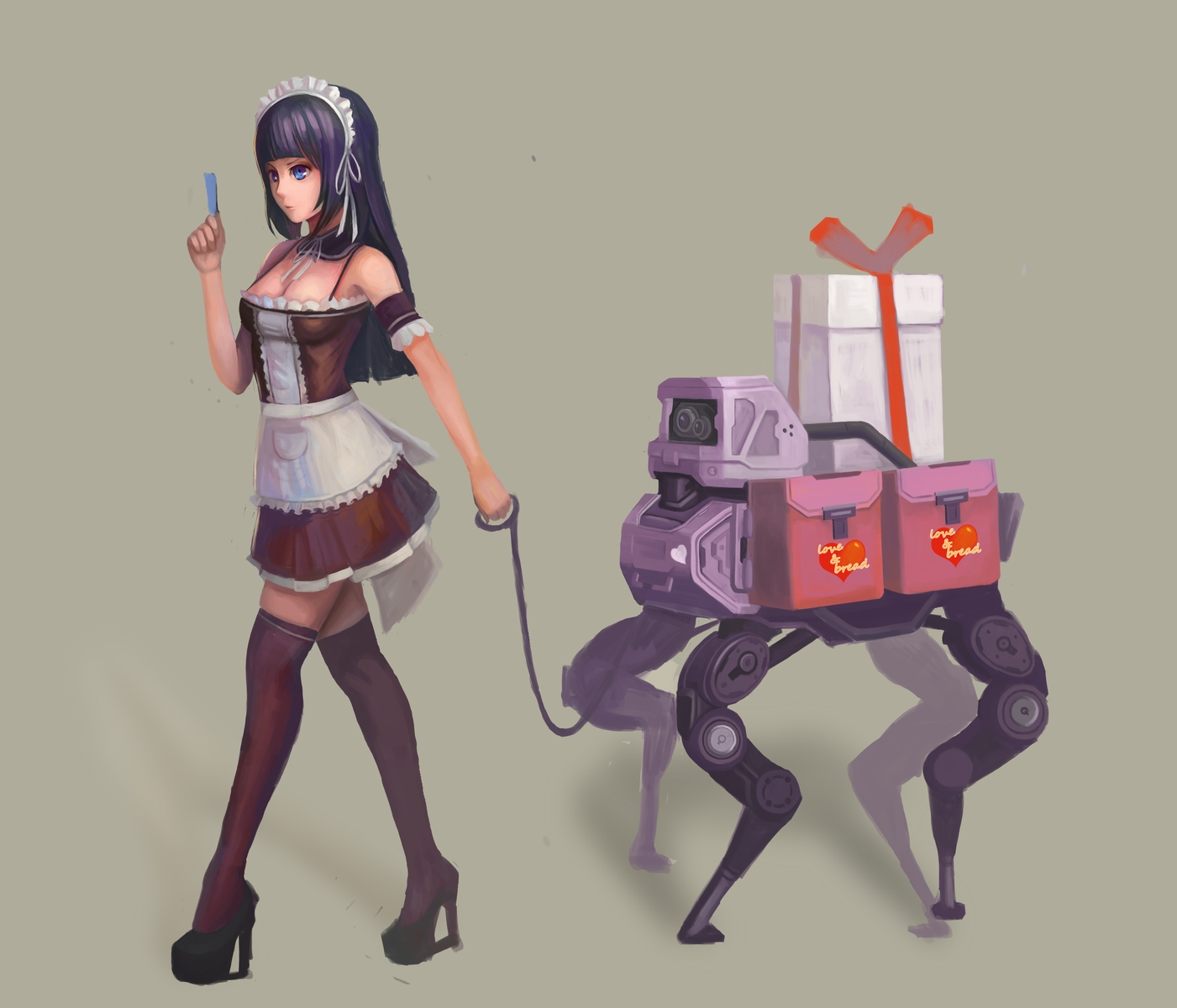 black_hair, blue_eyes, breasts, cleavage, collar, goldengear870, gray, headdress, long_hair, maid, original, robot, thighhighs, zettai_ryouiki