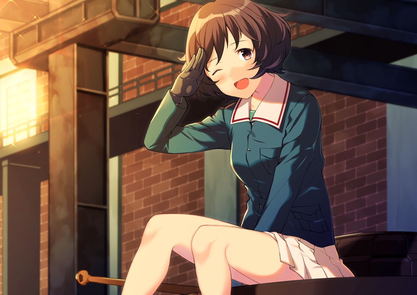 akiyama_yukari, blush, brown_eyes, brown_hair, girls_und_panzer, gloves, sahuyaiya, short_hair, skirt, wink