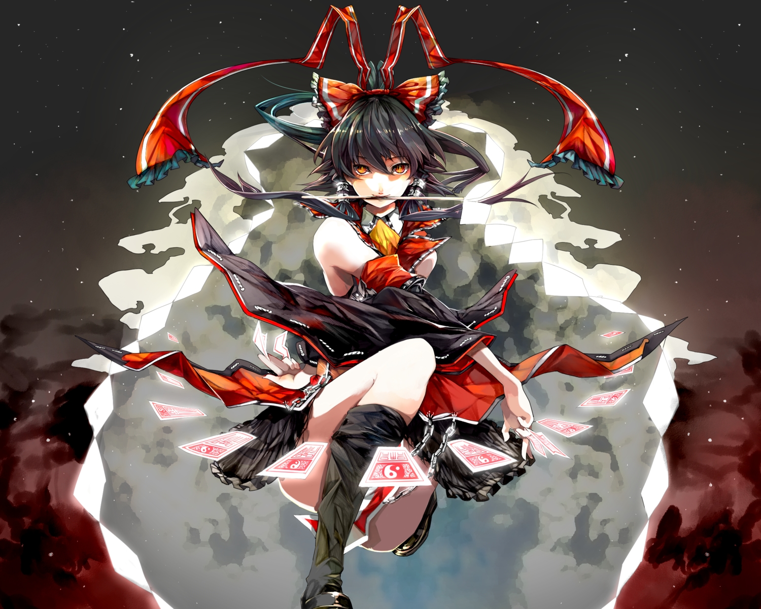 black_hair, bow, cropped, hakurei_reimu, japanese_clothes, koumajou_densetsu, miko, ofuda, orange_eyes, ribbons, touhou, tsukimoto_aoi