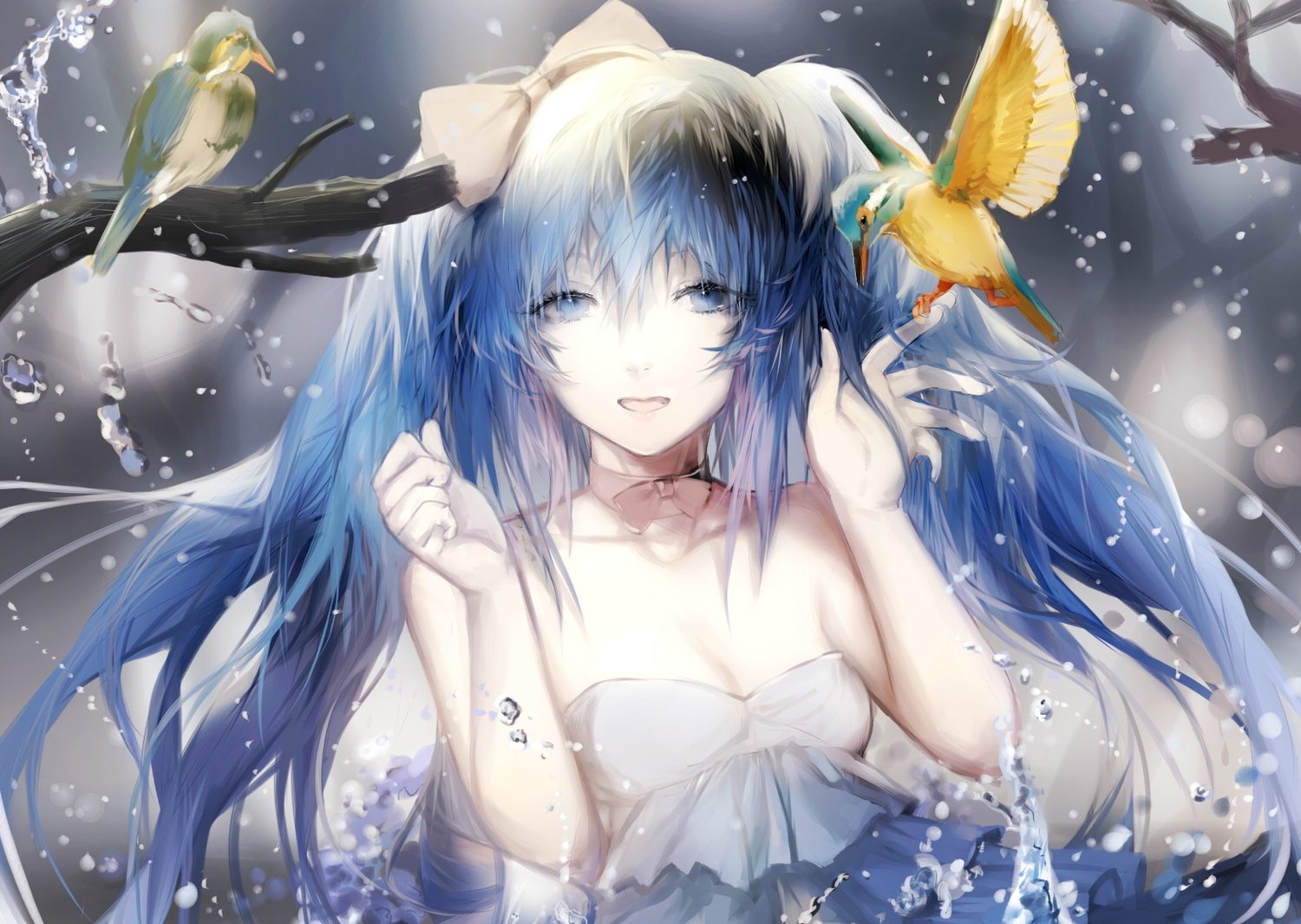 animal, bird, blue_eyes, blue_hair, bow, breasts, choker, cleavage