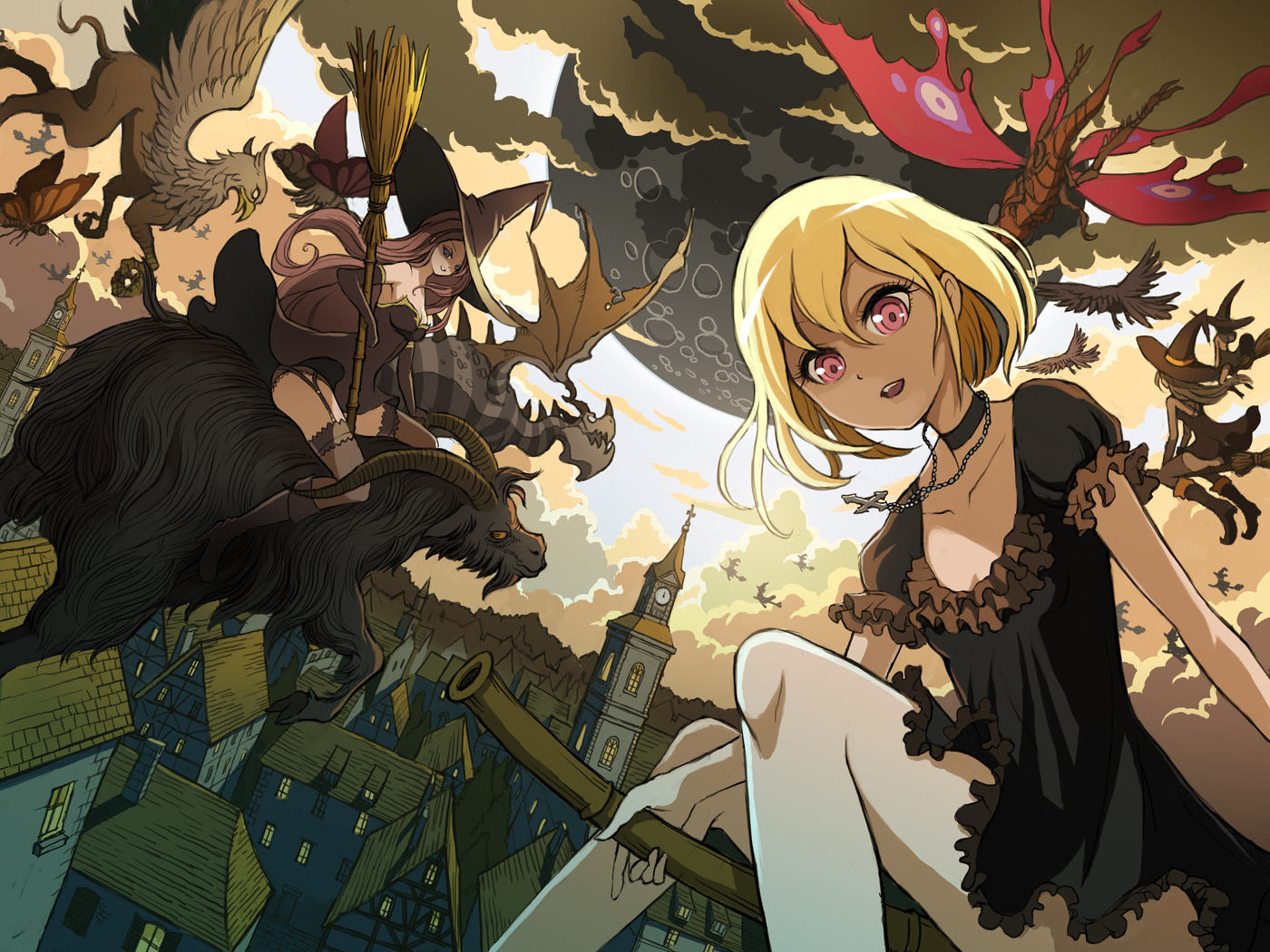 animal, blonde_hair, blue_eyes, boots, brown_hair, building, choker, city