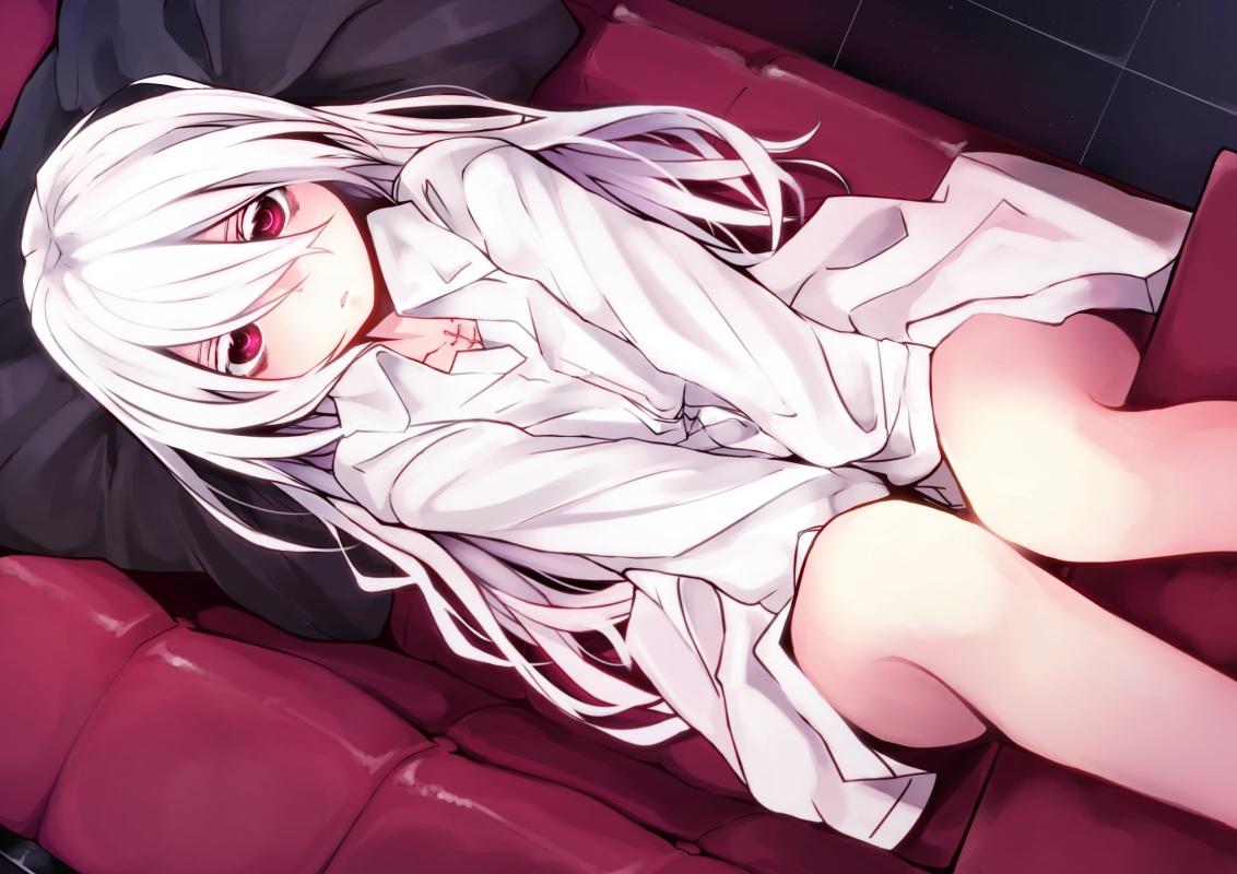 couch, long_hair, naked_shirt, original, otokuyou, red_eyes, scar, shiroi_ko_(otokuyou), shirt, white_hair