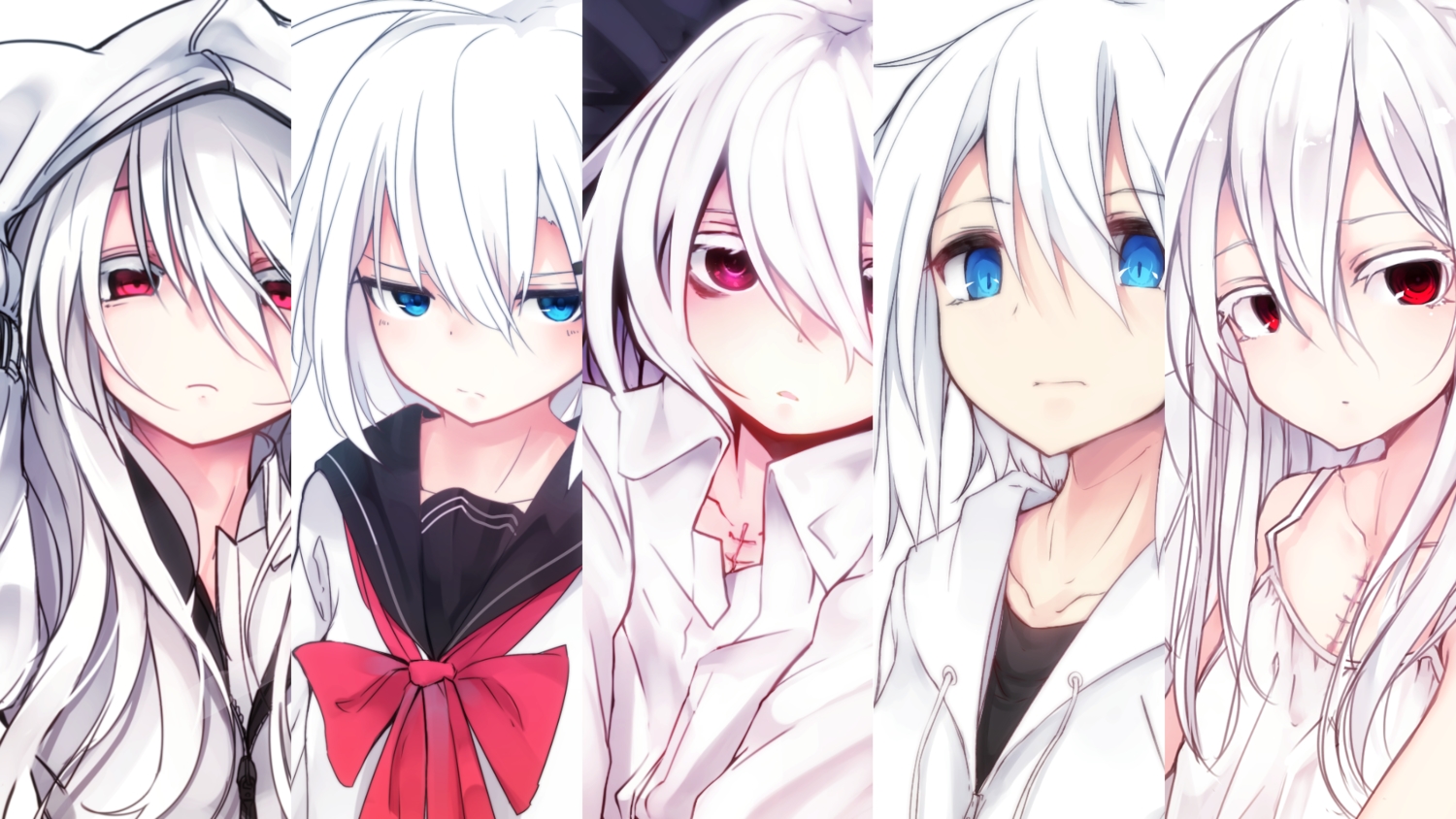 aqua_eyes, bow, hood, long_hair, original, otokuyou, purple_eyes, red_eyes, ringo-chan_(otokuyou), scar, school_uniform, shiroi_ko_(otokuyou), short_hair, white_hair