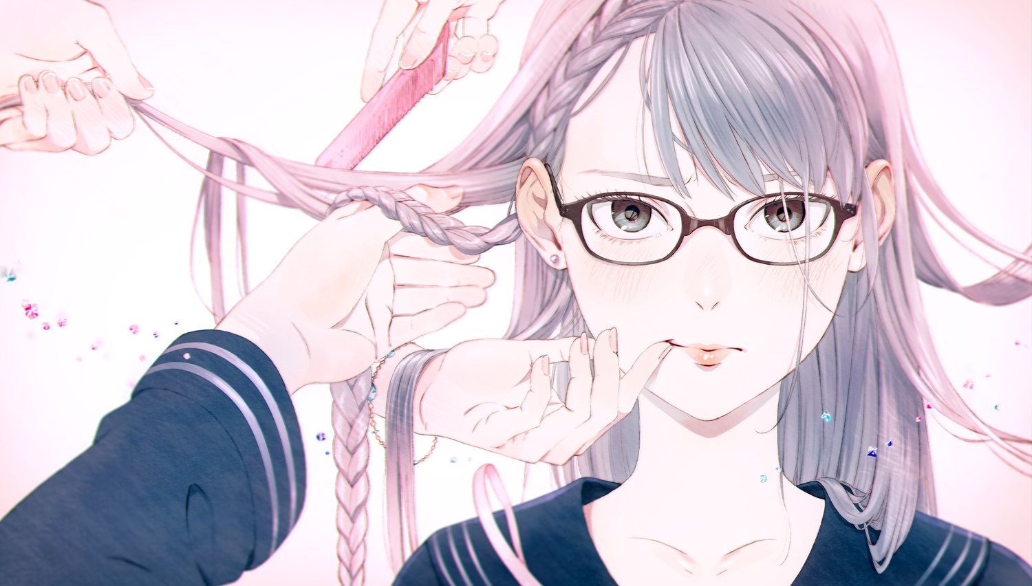 blush, braids, glasses, gray_eyes, gray_hair, long_hair, original, umishima_senbon