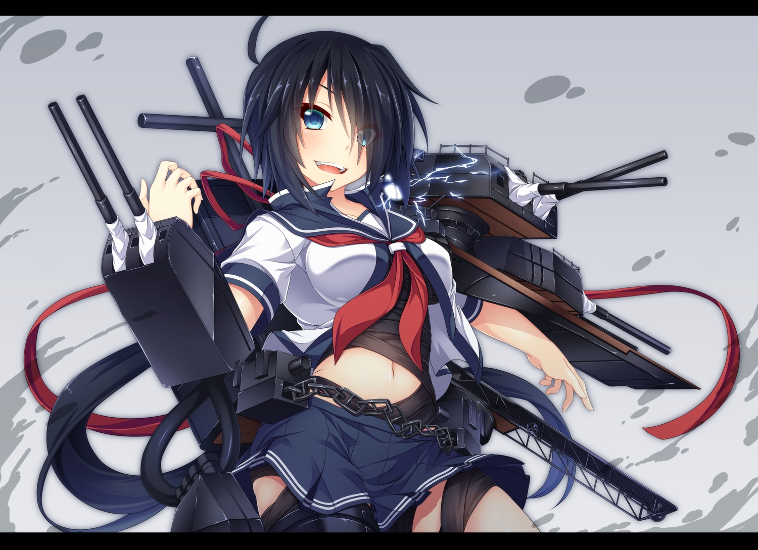 anthropomorphism, aqua_eyes, black_hair, blue_eyes, jpeg_artifacts, kako_(kancolle), kantai_collection, long_hair, navel, ribbons, school_uniform, short_hair, skirt, wakagi_repa