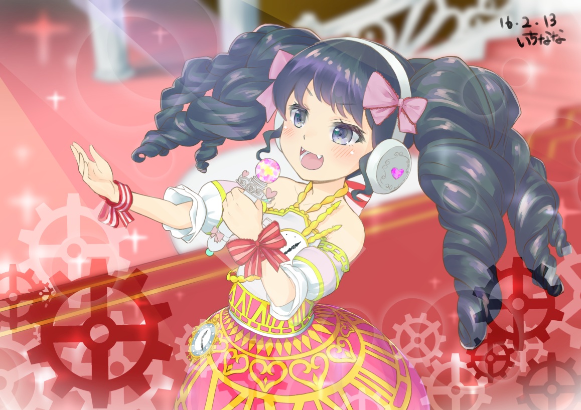black_eyes, black_hair, blush, bow, fang, headphones, microphone, mokyutan