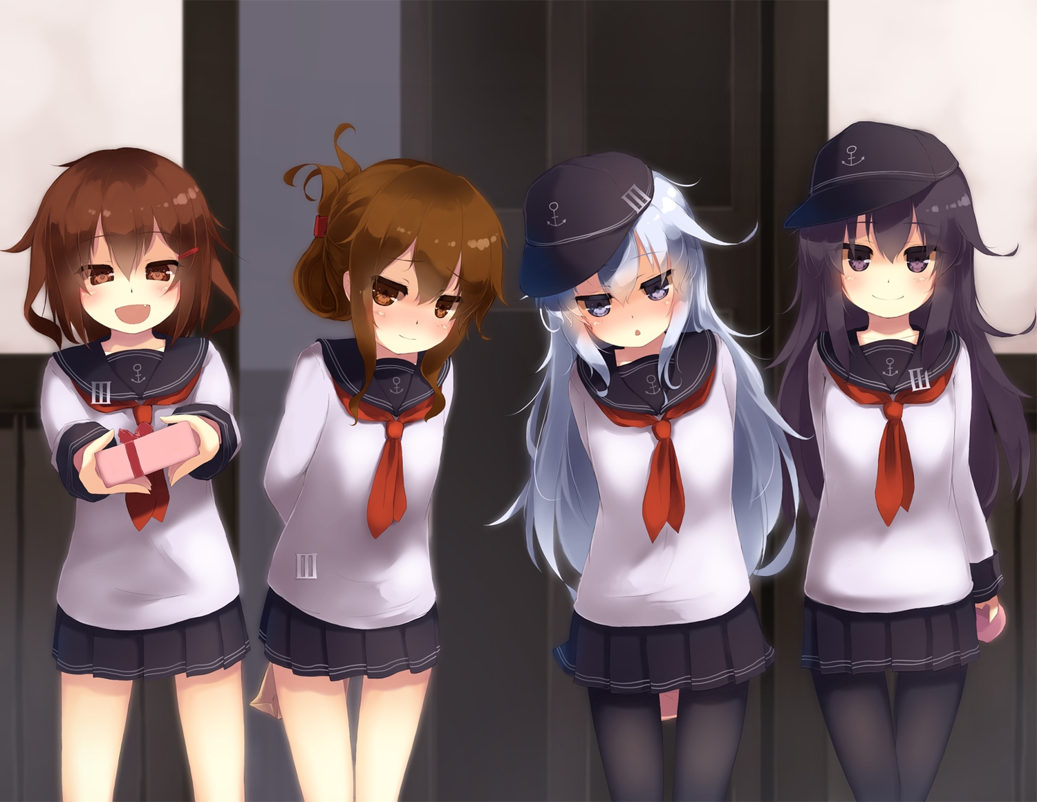 akatsuki_(kancolle), anthropomorphism, black_eyes, black_hair, brown_eyes, brown_hair, gengetsu_chihiro, gray_eyes