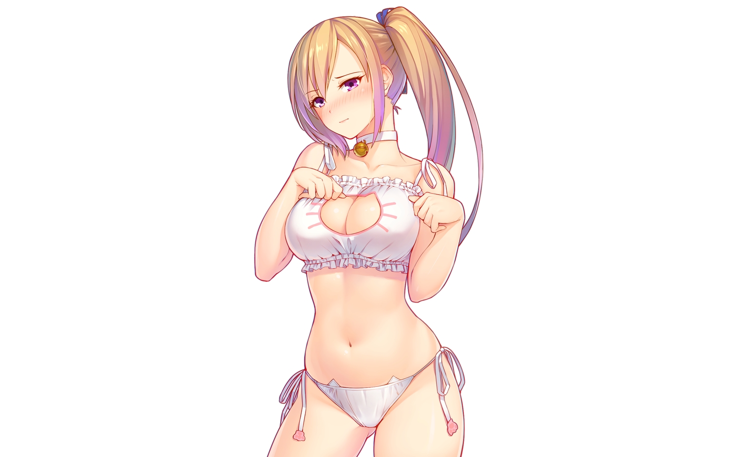 bell, blonde_hair, blush, bra, breasts, cleavage, collar, iltusa, kawakami_mai, long_hair, musaigen_no_phantom_world, navel, panties, ponytail, purple_eyes, underwear, white