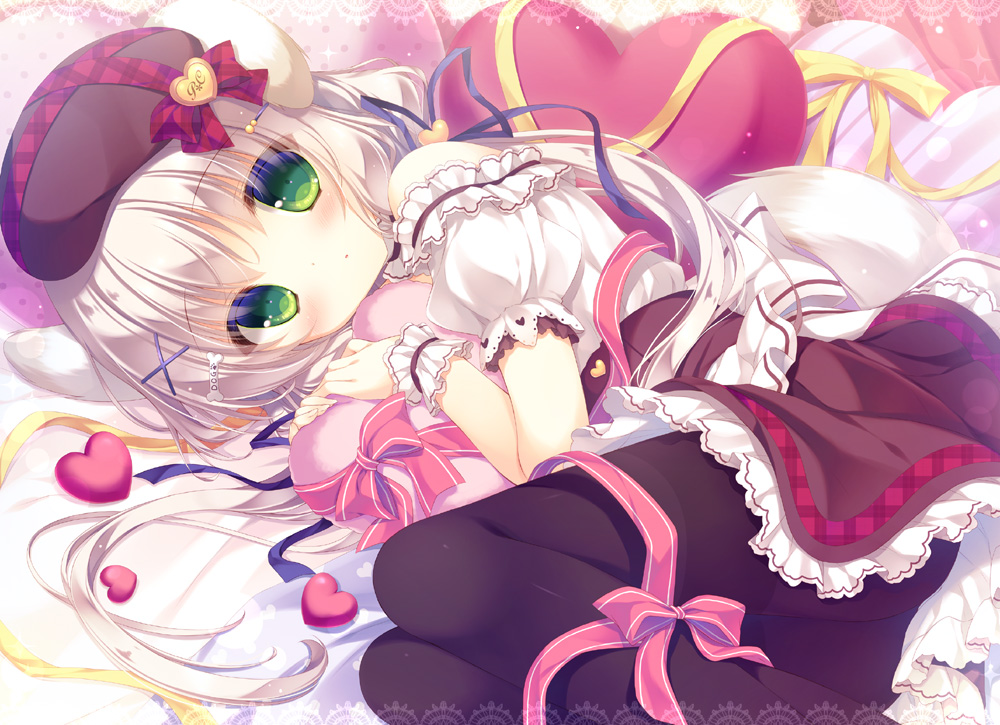 animal_ears, bow, doggirl, green_eyes, hat, heart, long_hair, original