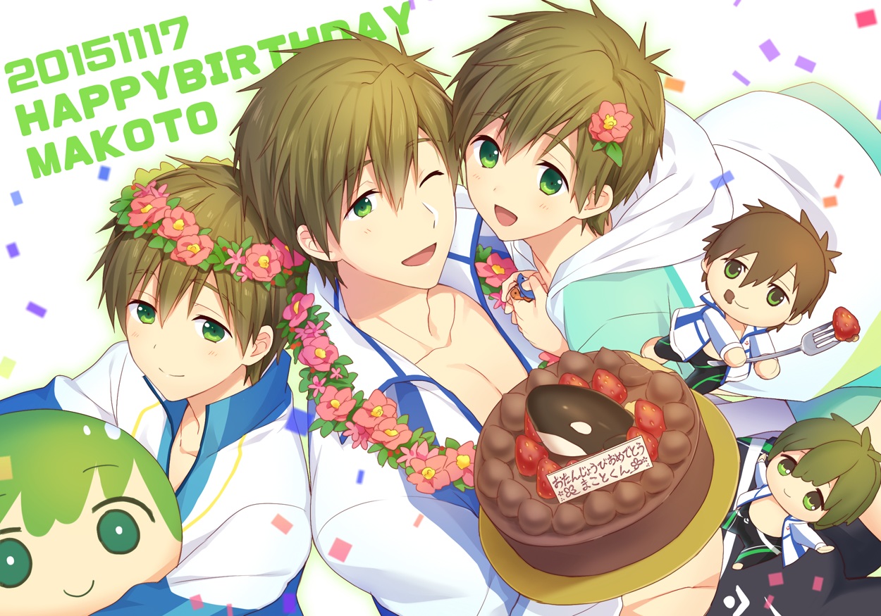all_male, brown_hair, cake, chibi, flowers, food, free!, fruit, funikurikurara, green_eyes, headdress, male, short_hair, strawberry, tachibana_makoto, wink