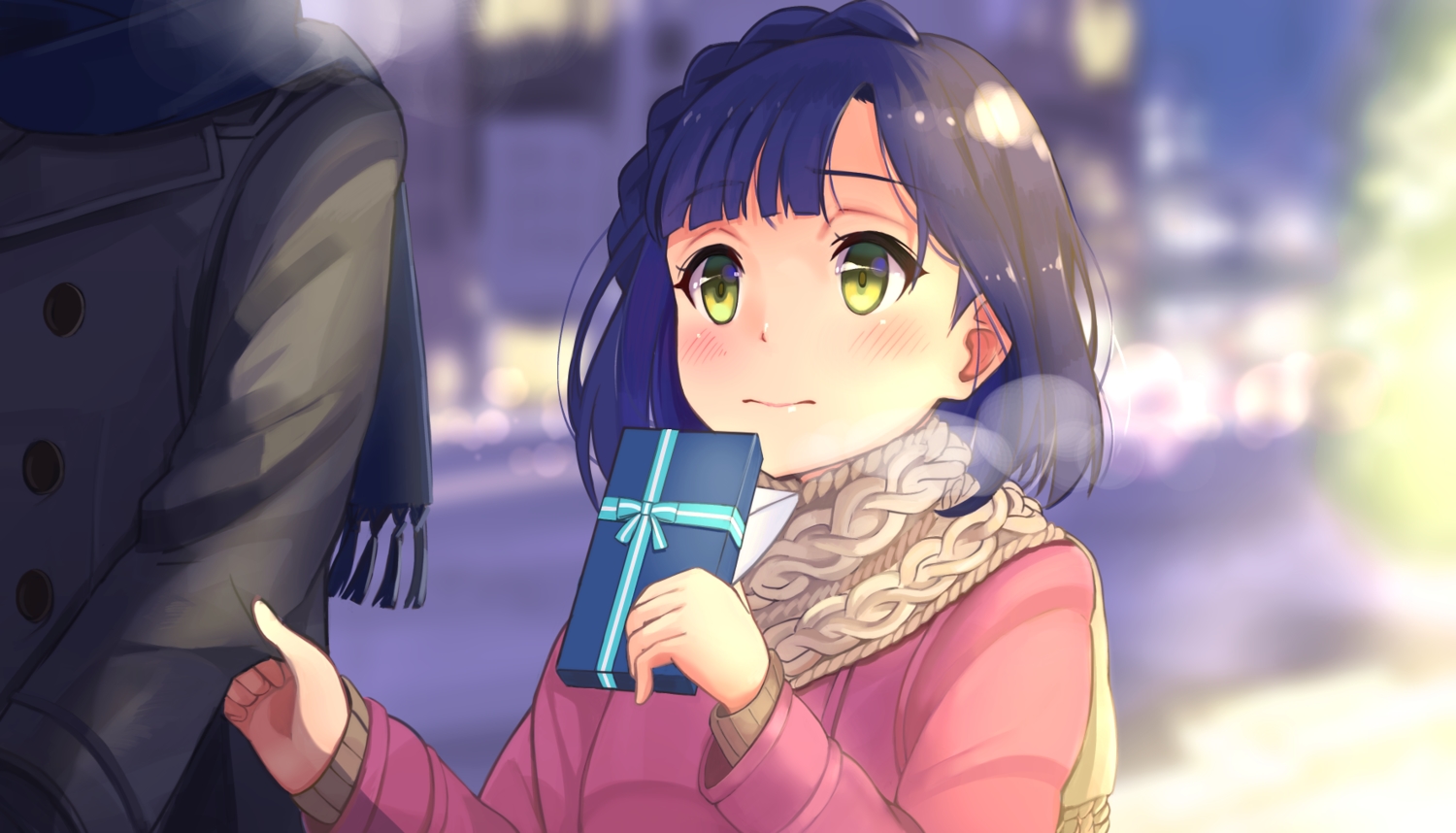 akame_(akamiru), blue_hair, blush, braids, green_eyes, idolmaster, idolmaster_million_live!, nanao_yuriko