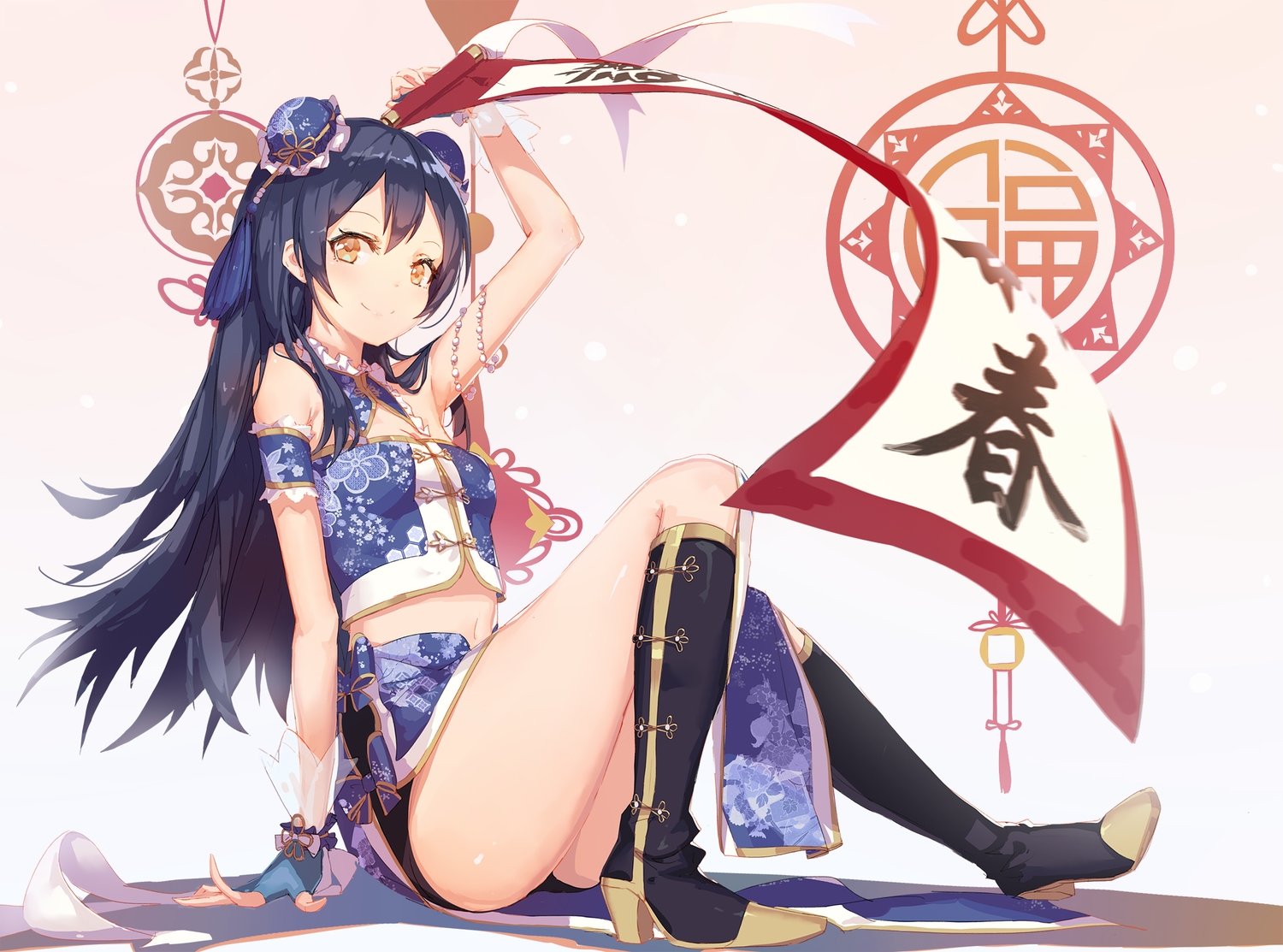 blue_hair, boots, chinese_clothes, gloves, kneehighs, long_hair, love_live!_school_idol_project, navel, skirt, sonoda_umi, wristwear, yellow_eyes, zetlice