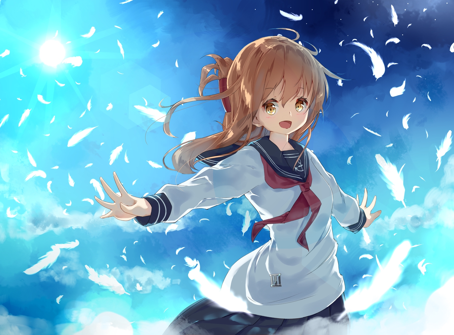 anthropomorphism, blush, brown_eyes, brown_hair, clouds, feathers, hamaru_(s5625t), inazuma_(kancolle)