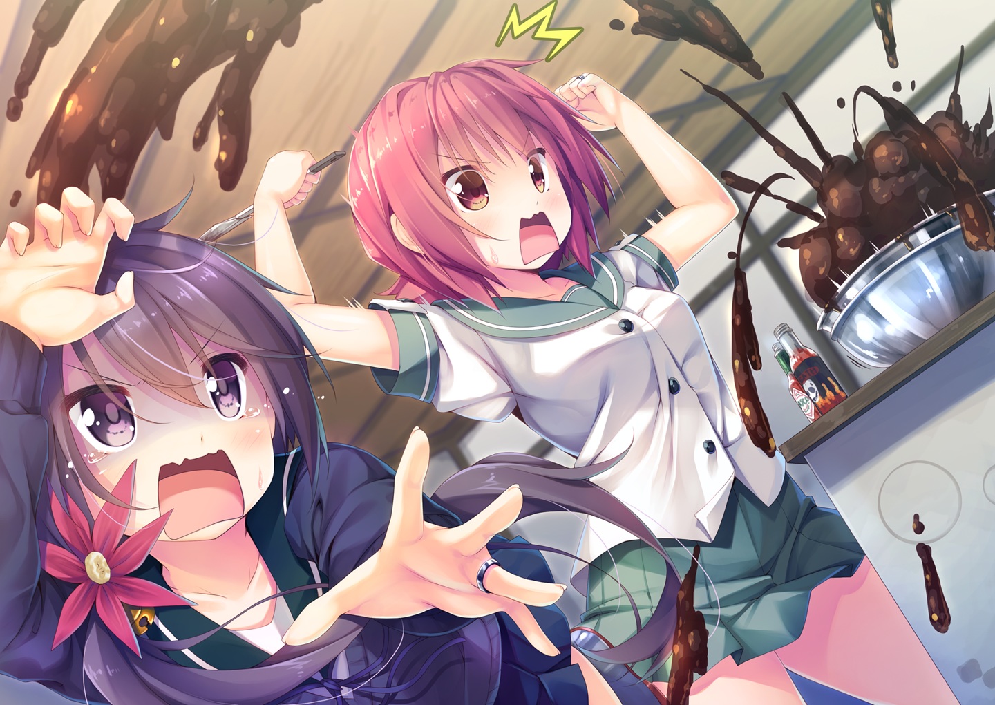 2girls, akebono_(kancolle), anthropomorphism, black_hair, candy, chocolate, kantai_collection, kinu_(kancolle), masaki_kei, orange_eyes, pink_hair, purple_eyes, school_uniform, short_hair