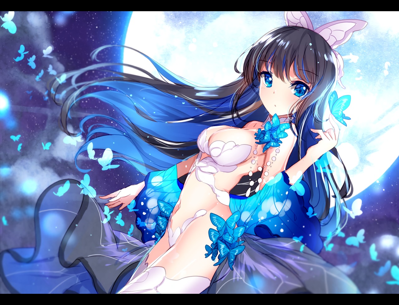 bison_cangshu, black_hair, blue_eyes, breasts, butterfly, cleavage, long_hair, navel, sangai_senki, thighhighs