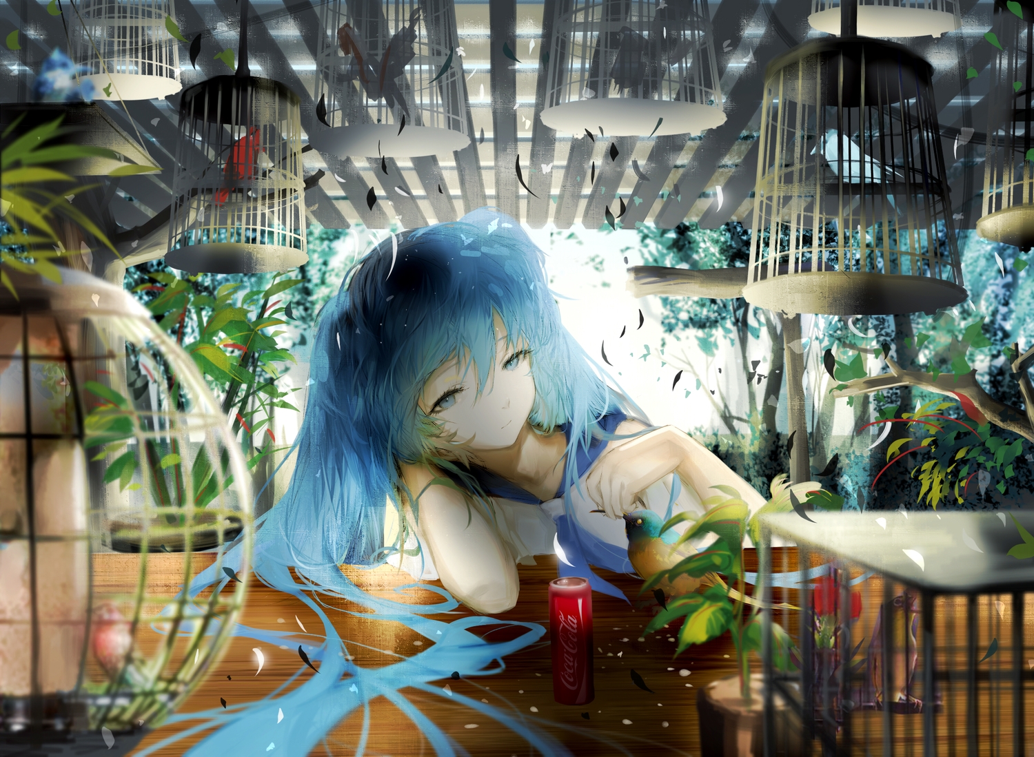 animal, bird, blue_eyes, blue_hair, cage, coca_cola, drink, hatsune_miku