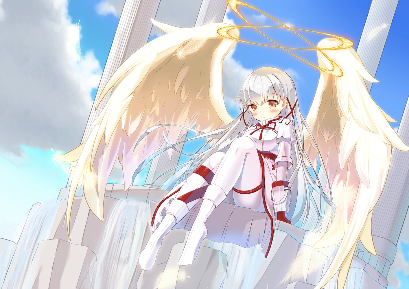 blush, bodysuit, clouds, feathers, gray_hair, halo, long_hair, merc_storia, millea, orange_eyes, sky, tagme_(character), wings