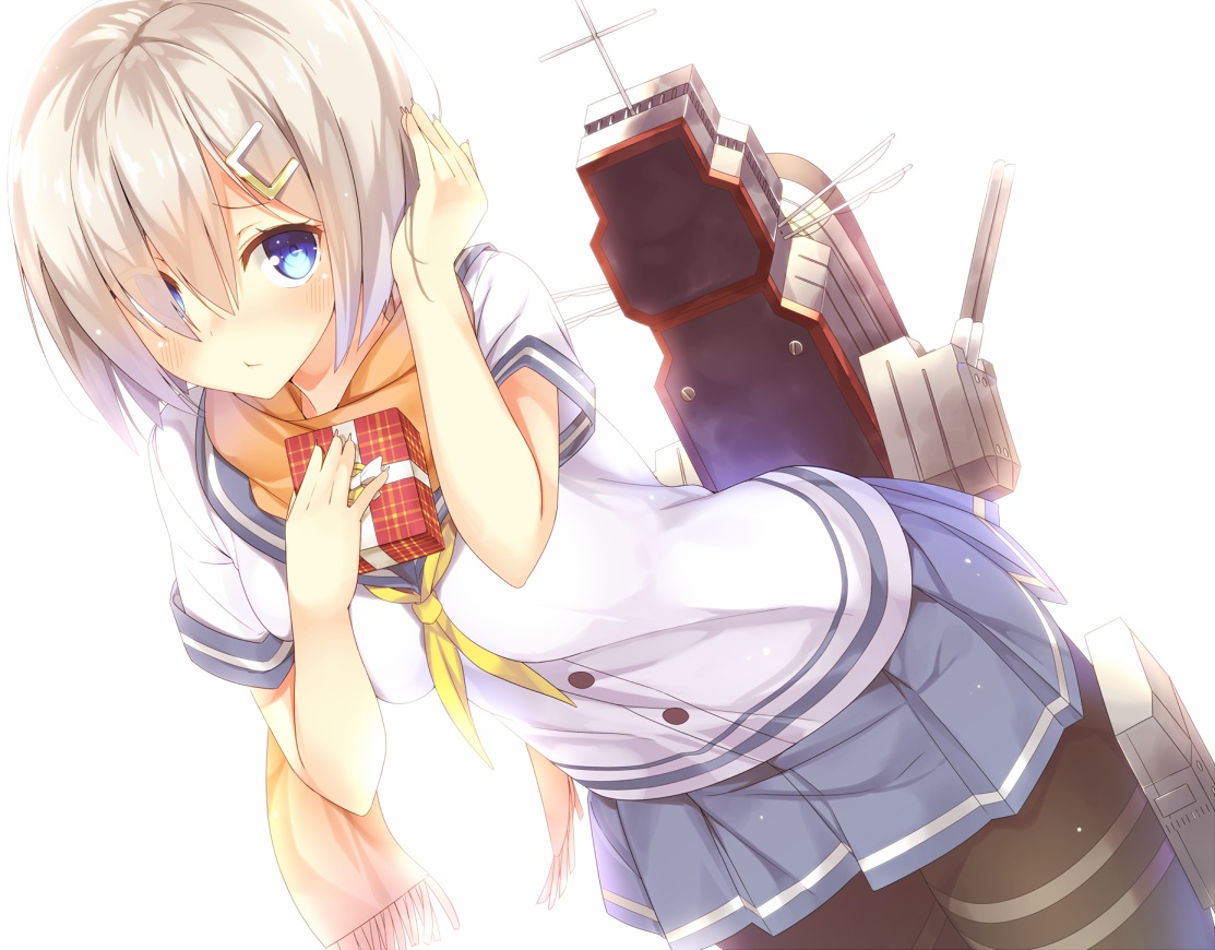 anthropomorphism, aqua_eyes, blush, gray_hair, hamakaze_(kancolle), kaname_024, kantai_collection, pantyhose, scarf, school_uniform, short_hair, valentine