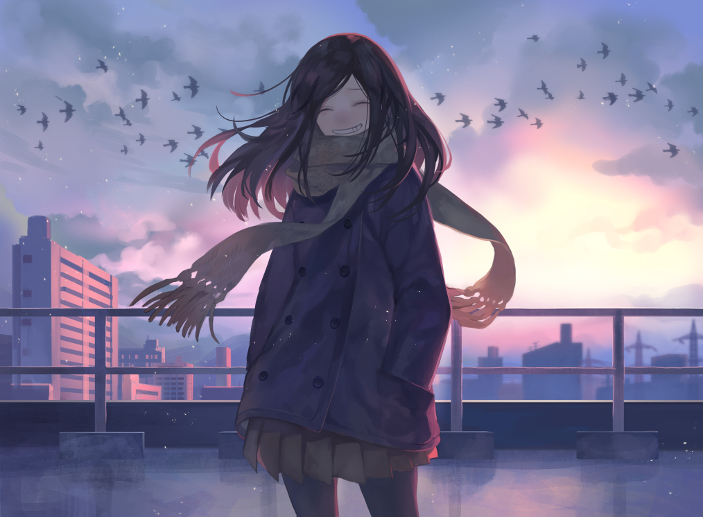 animal, bird, brown_hair, building, city, clouds, long_hair, original
