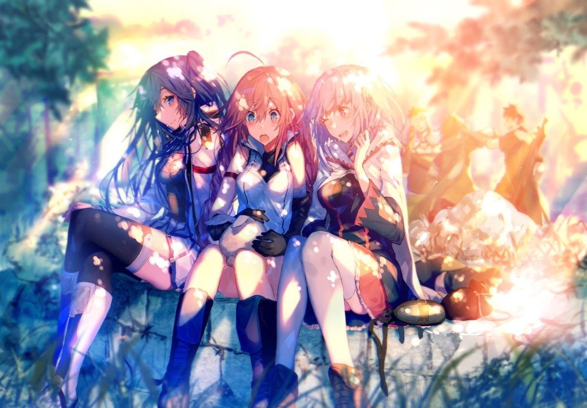 animal, black_hair, blonde_hair, gray_hair, green_eyes, hai_to_gensou_no_grimgar, haruhiro, long_hair, merry, moguzo, ranta, shihoru, shiranori, twintails