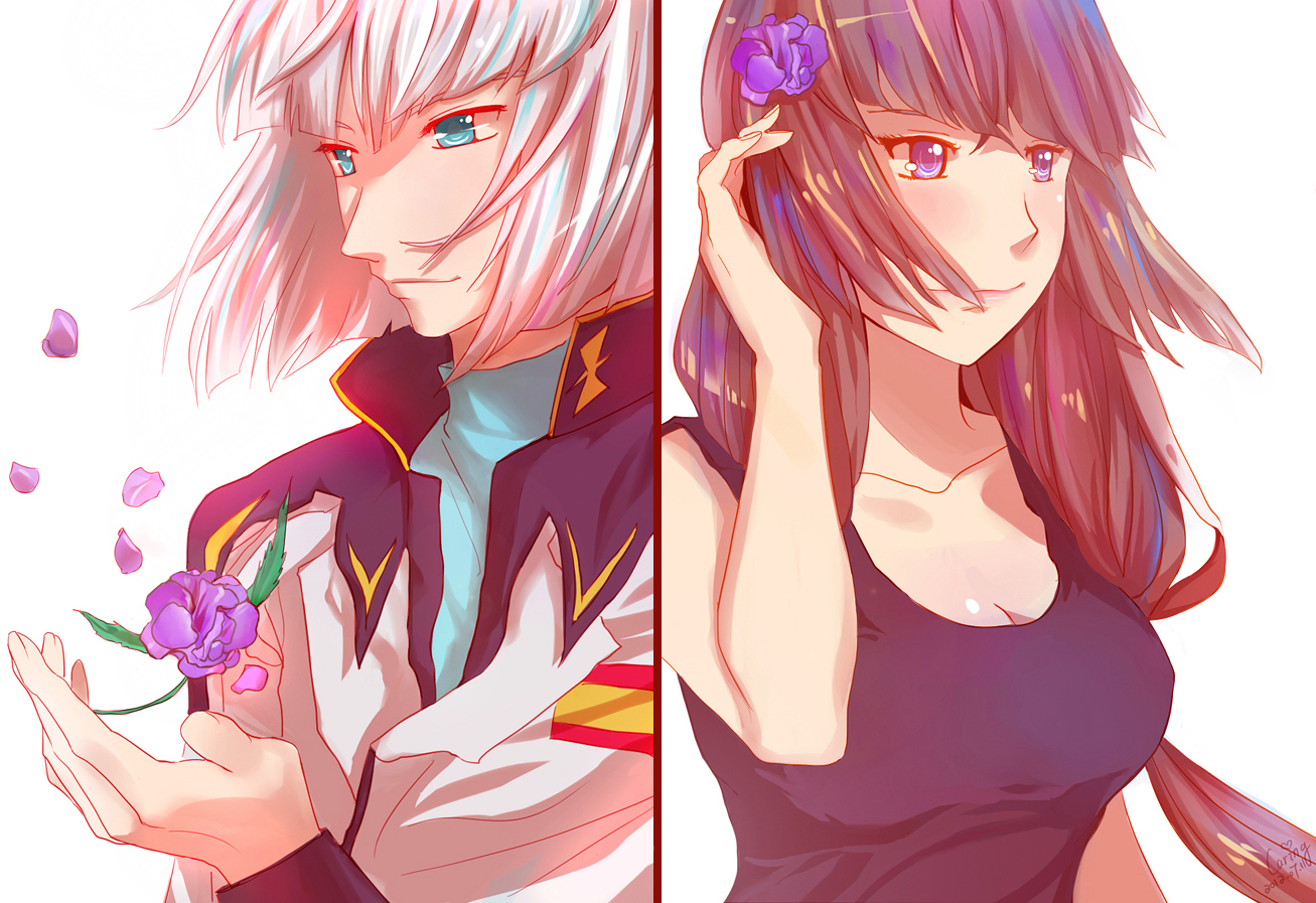 aqua_eyes, blue_eyes, breasts, brown_hair, caring201, cleavage, flowers, gundam_seed, gundam_seed_destiny, gundam_(series), male, mobile_suit_gundam, rose, shiho_hahnenfuss, signed, white_hair, yzak_joule