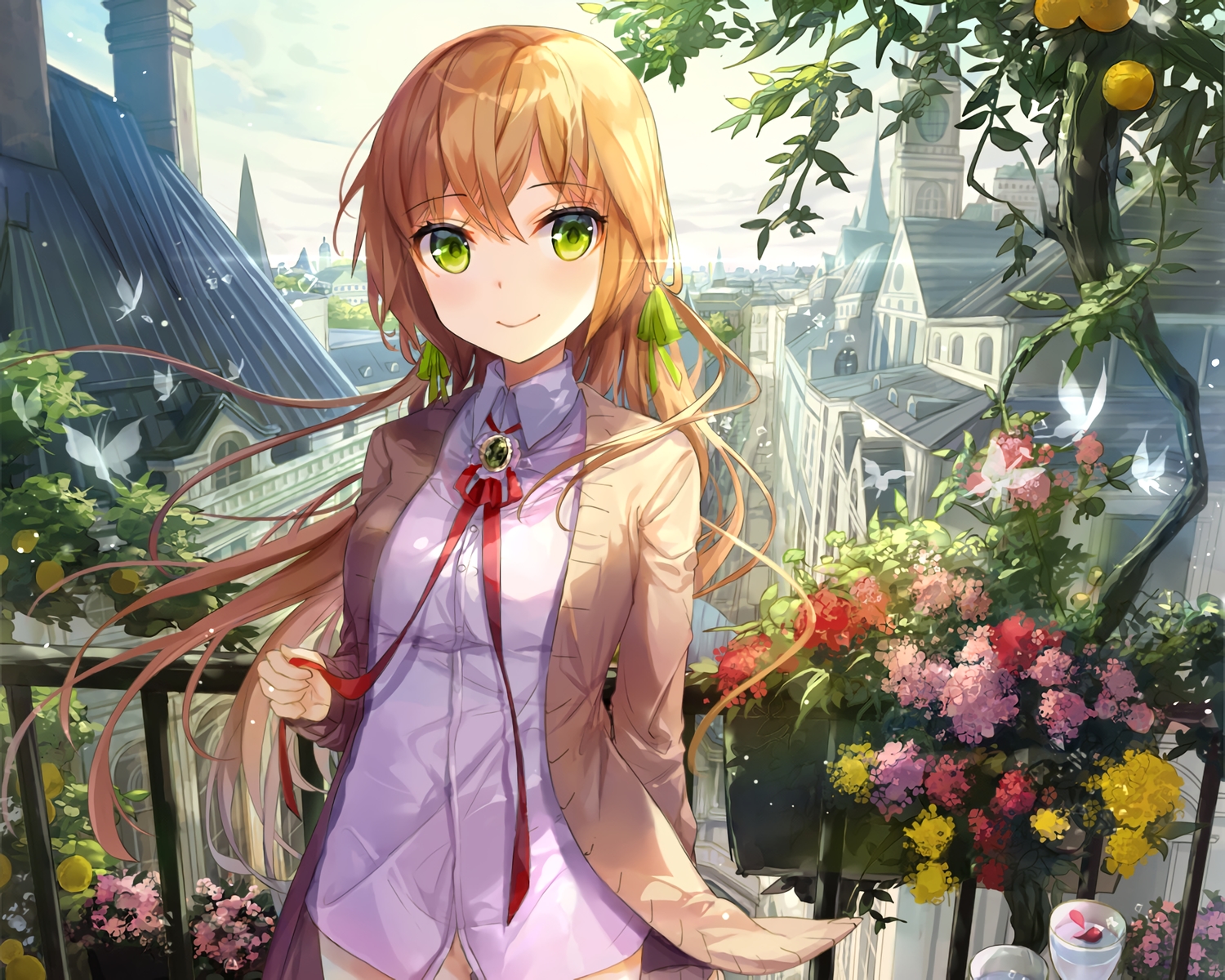 blonde_hair, building, butterfly, city, cropped, drink, flowers, fuumi_(radial_engine), green_eyes, naked_shirt, original, petals, shirt, waifu2x
