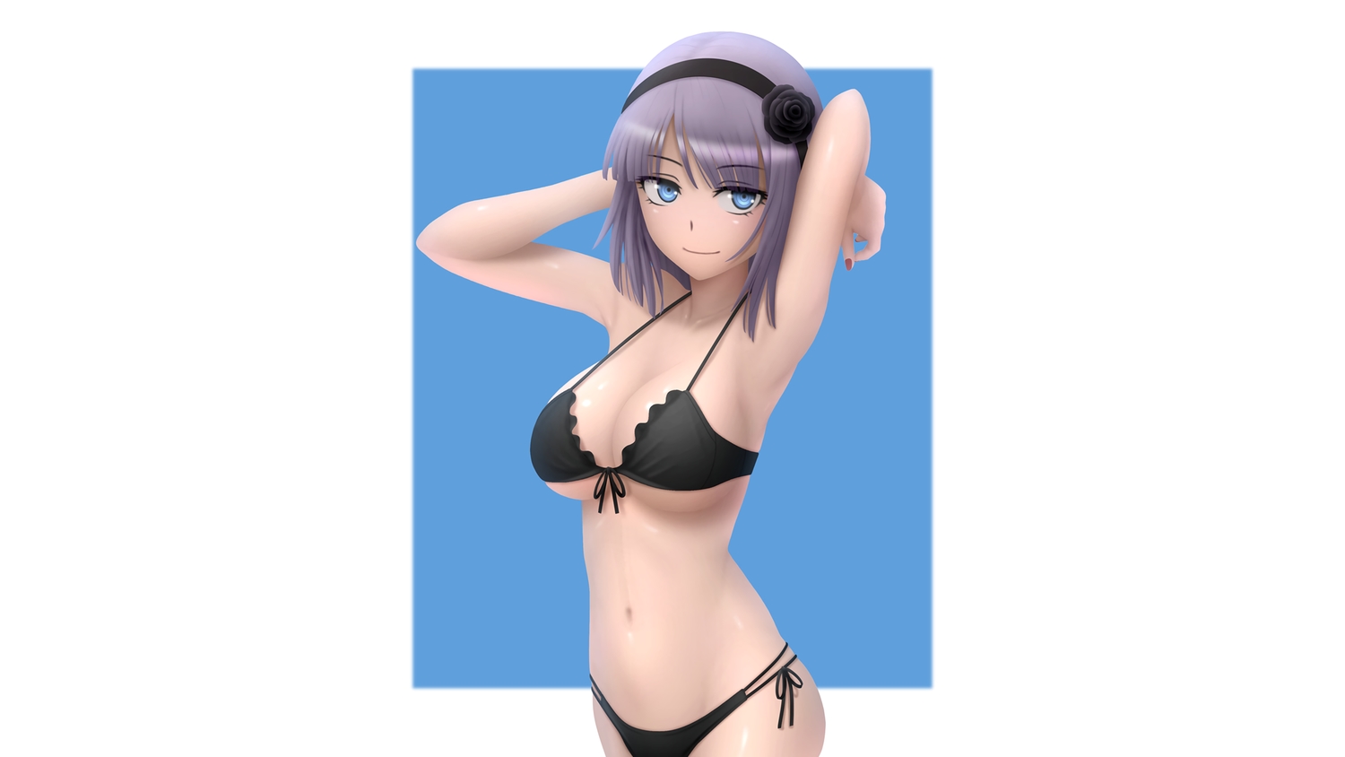 bikini, blue_eyes, breasts, brown_hair, cleavage, dagashi_kashi, headband, navel