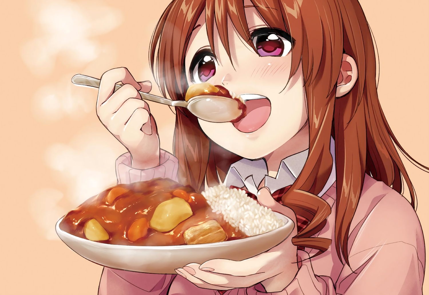 blush, brown_hair, food, kawai_makoto, koufuku_graffiti, machiko_ryou, red_eyes