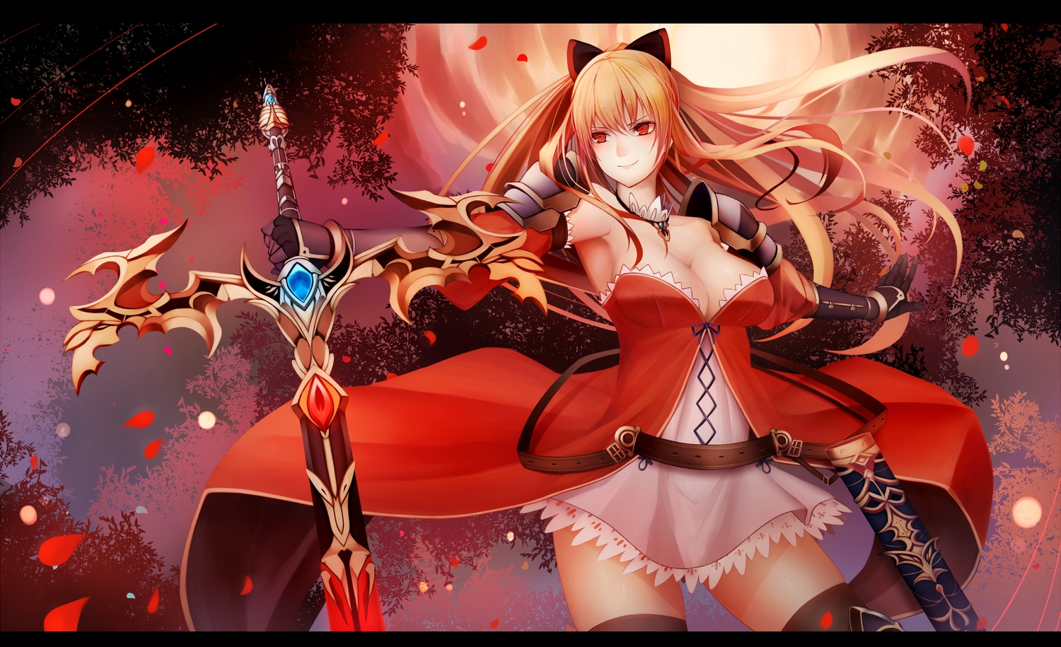 armor, blonde_hair, breasts, cleavage, dress, elbow_gloves, gloves, granblue_fantasy