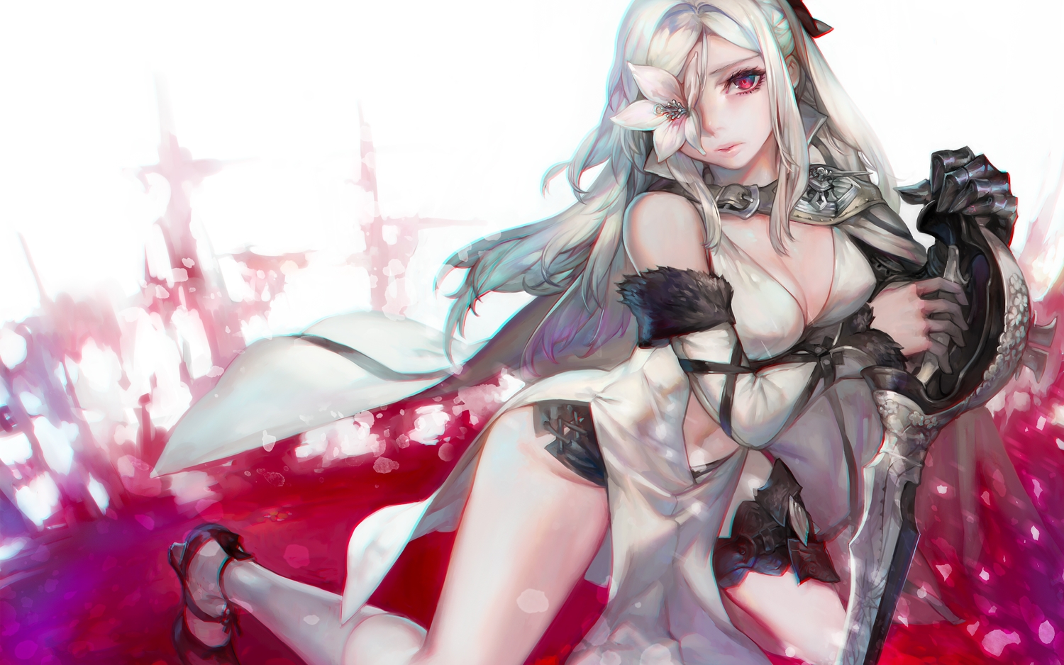 aoin_(omegaboost), armor, breasts, cleavage, drag-on_dragoon, eyepatch, flowers, kneehighs, long_hair, navel, red_eyes, sword, weapon, white_hair, zero_(drag-on_dragoon)
