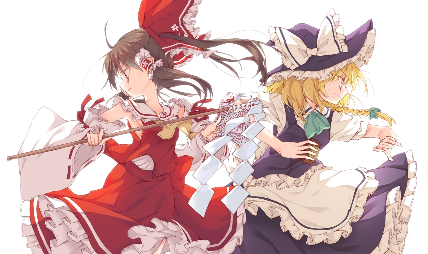 2girls, blonde_hair, bow, braids, brown_hair, hakurei_reimu, hat, ina, japanese_clothes, kirisame_marisa, miko, ofuda, touhou, witch