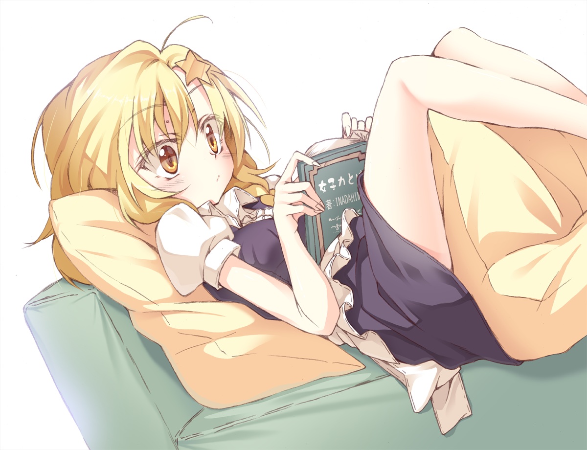 blonde_hair, book, couch, dress, ina, kirisame_marisa, touhou, yellow_eyes