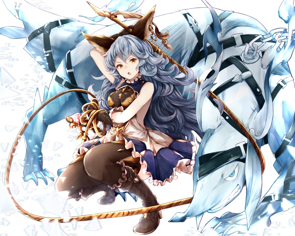 animal, animal_ears, blue_hair, brown_eyes, ferri_(granblue_fantasy), granblue_fantasy, hiiragi_yashiro, weapon