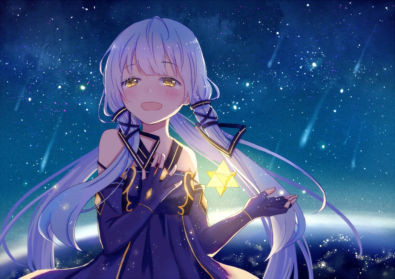 aliasing, blue_hair, blush, elbow_gloves, gloves, long_hair, mimengfeixue, stars