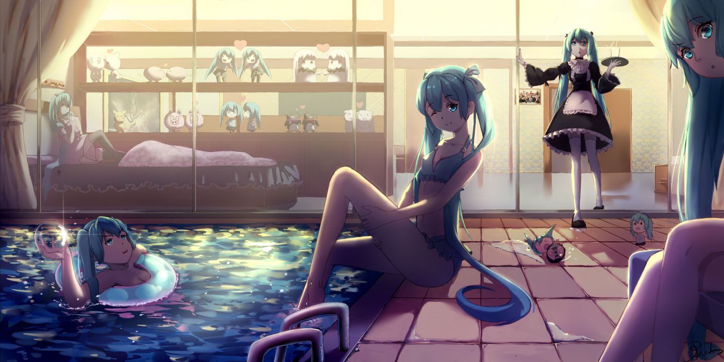 aqua_eyes, aqua_hair, bed, bikini, cat_smile, chibi, hatsune_miku, long_hair, maid, pekakiu, pikachu, pokemon, pool, swim_ring, swimsuit, twintails, vocaloid, water, wink