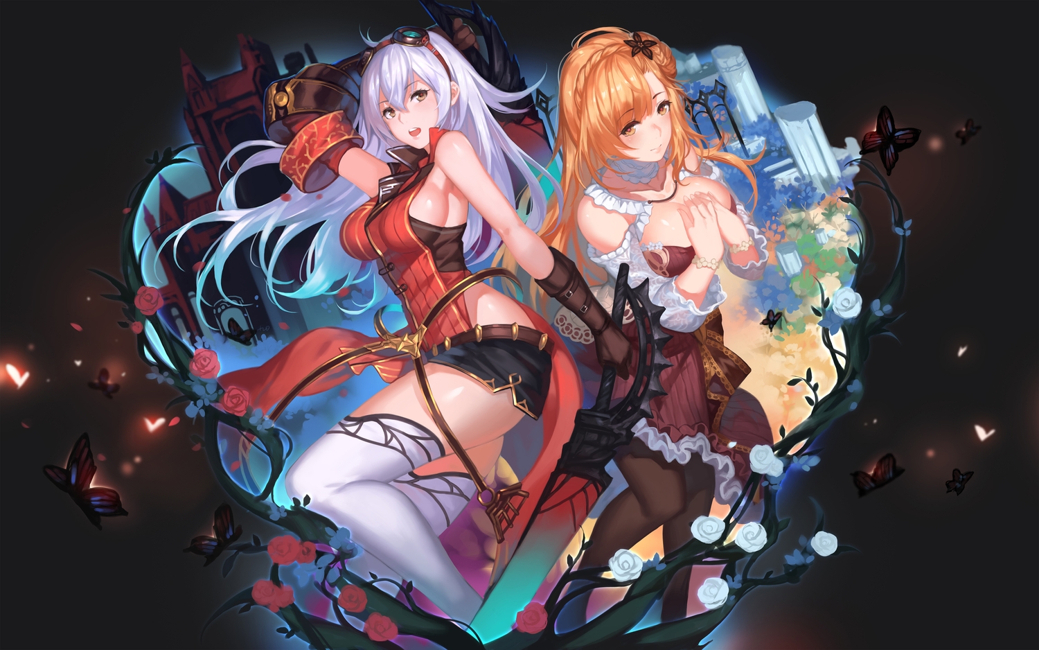 2girls, arnice_(yoru_no_nai_kuni), blonde_hair, breasts, brown_eyes, butterfly, elbow_gloves, flowers