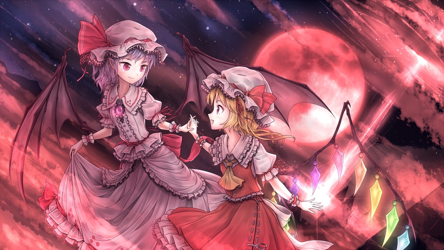 2girls, blonde_hair, blue_hair, fang, flandre_scarlet, hat, minust, moon